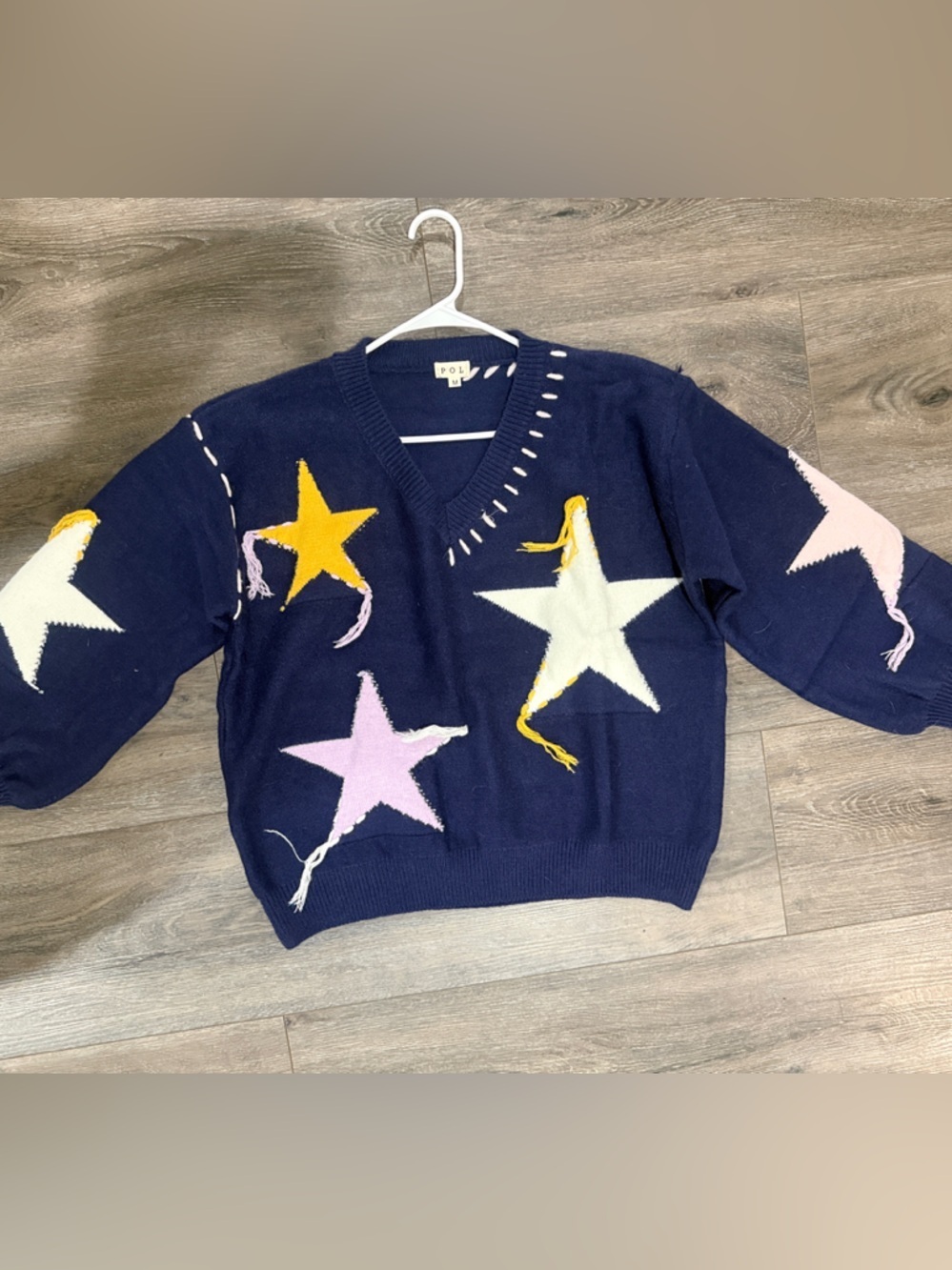 POL Navy V-Neck Star Appliqué Sweater with Yellow, Pink, and Cream Stars - Picture 3 of 5